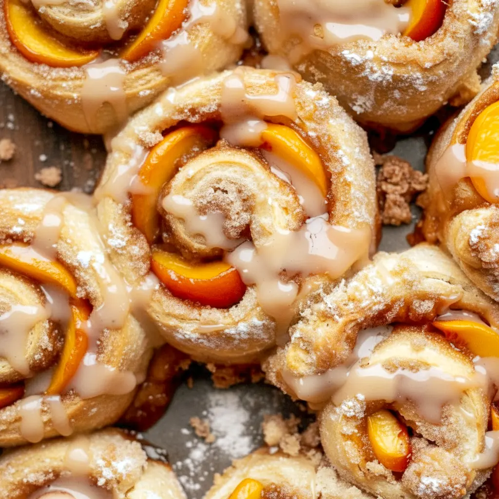 Freshly baked Peach Cobbler Cinnamon Rolls in a baking dish, topped with creamy glaze and filled with juicy peach cinnamon swirls, creating soft and Gooey Peach Cinnamon Rolls perfect for brunch.