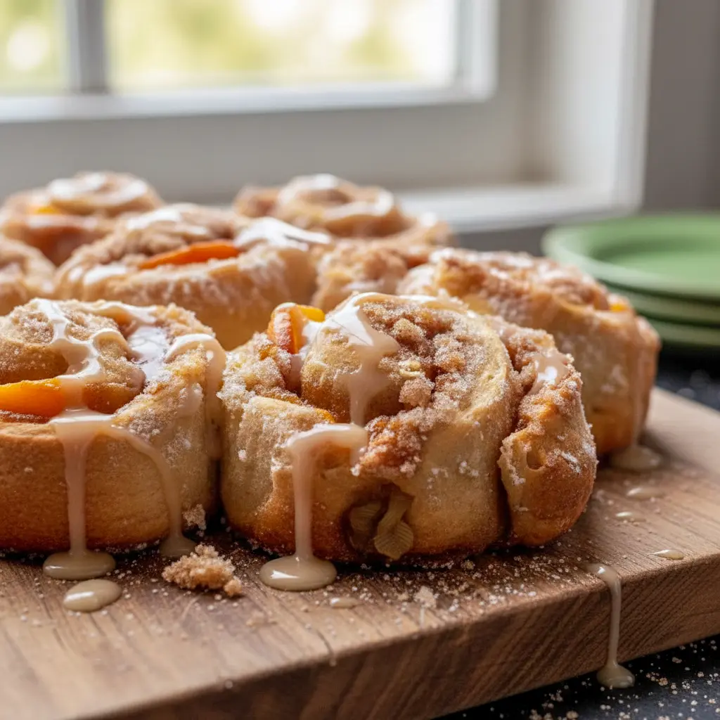 Freshly baked Peach Cobbler Cinnamon Rolls in a baking dish, topped with creamy glaze and filled with juicy peach cinnamon swirls, creating soft and Gooey Peach Cinnamon Rolls perfect for brunch.