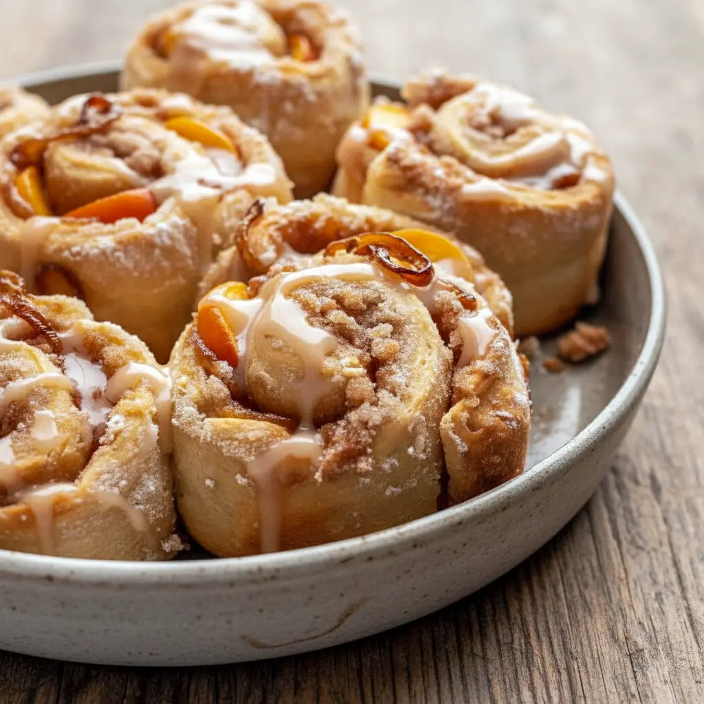 Freshly baked Peach Cobbler Cinnamon Rolls in a baking dish, topped with creamy glaze and filled with juicy peach cinnamon swirls, creating soft and Gooey Peach Cinnamon Rolls perfect for brunch.