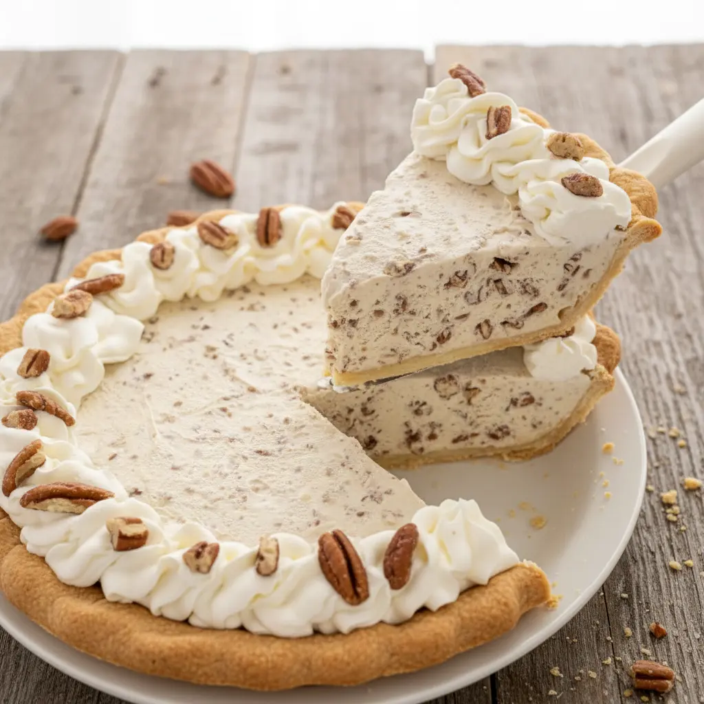 Pecan Cream Pie topped with chopped pecans and swirls of whipped cream in a classic pie dish, showcasing a thick and fluffy Pecan Cream filling—perfect for Thanksgiving Cream Pie celebrations and elegant Creme Pies dessert tables.
