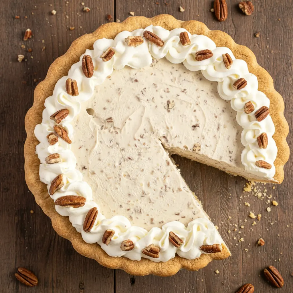 Pecan Cream Pie topped with chopped pecans and swirls of whipped cream in a classic pie dish, showcasing a thick and fluffy Pecan Cream filling—perfect for Thanksgiving Cream Pie celebrations and elegant Creme Pies dessert tables.