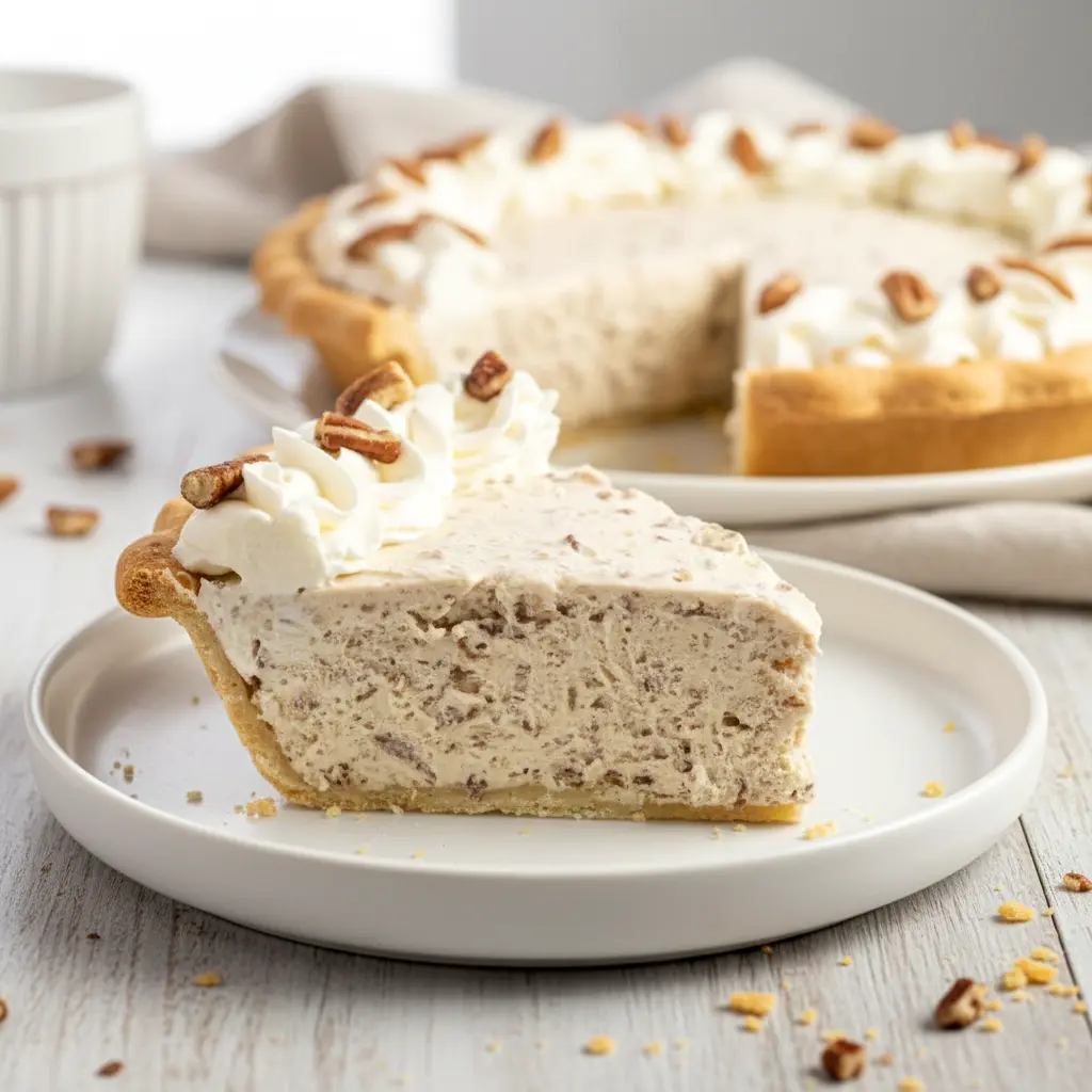 Pecan Cream Pie topped with chopped pecans and swirls of whipped cream in a classic pie dish, showcasing a thick and fluffy Pecan Cream filling—perfect for Thanksgiving Cream Pie celebrations and elegant Creme Pies dessert tables.