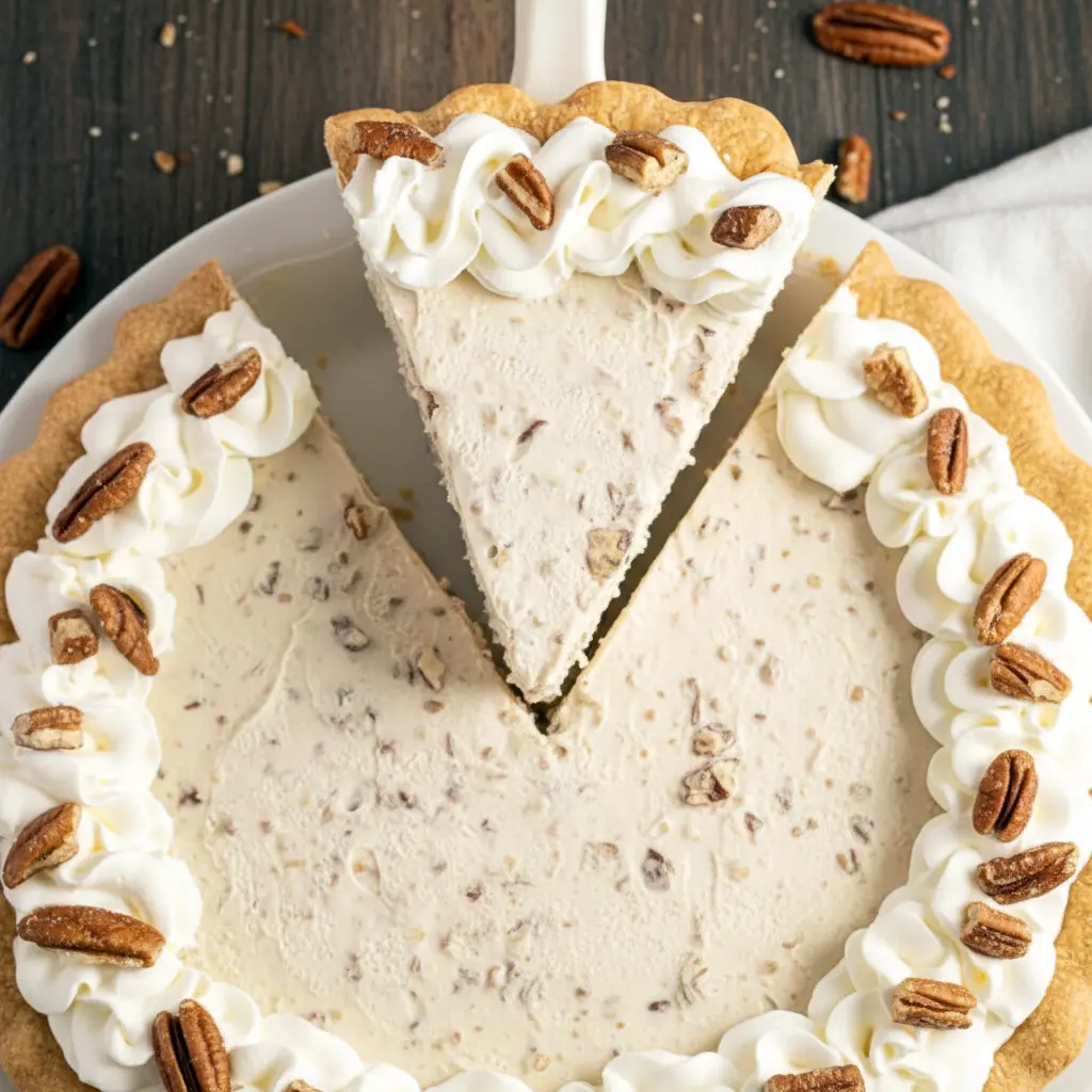 Pecan Cream Pie topped with chopped pecans and swirls of whipped cream in a classic pie dish, showcasing a thick and fluffy Pecan Cream filling—perfect for Thanksgiving Cream Pie celebrations and elegant Creme Pies dessert tables.