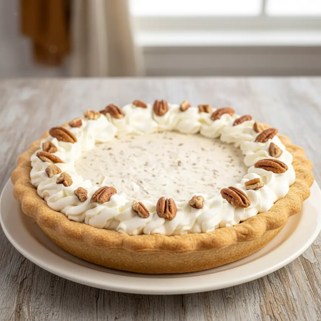 Pecan Cream Pie topped with chopped pecans and swirls of whipped cream in a classic pie dish, showcasing a thick and fluffy Pecan Cream filling—perfect for Thanksgiving Cream Pie celebrations and elegant Creme Pies dessert tables.
