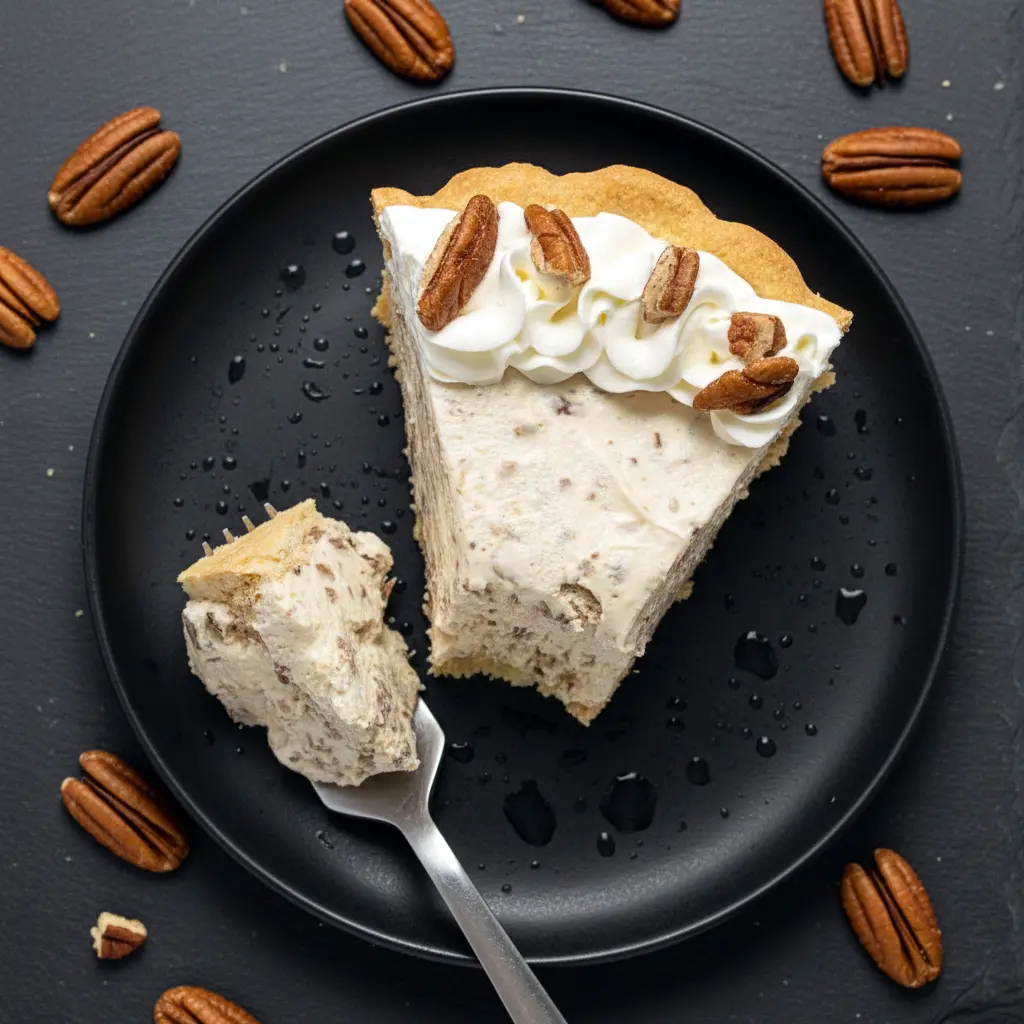 Pecan Cream Pie topped with chopped pecans and swirls of whipped cream in a classic pie dish, showcasing a thick and fluffy Pecan Cream filling—perfect for Thanksgiving Cream Pie celebrations and elegant Creme Pies dessert tables.