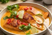 Close-up of Poached Salmon in Coconut Lime Sauce simmered in rich Salmon Coconut Milk with fresh lime, herbs, and chili, served over rice for a light and flavorful dinner.