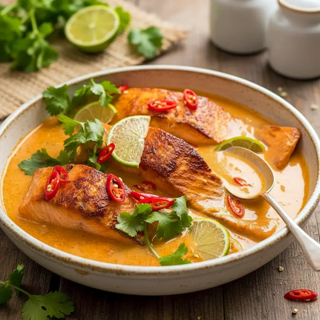 Close-up of Poached Salmon in Coconut Lime Sauce simmered in rich Salmon Coconut Milk with fresh lime, herbs, and chili, served over rice for a light and flavorful dinner.