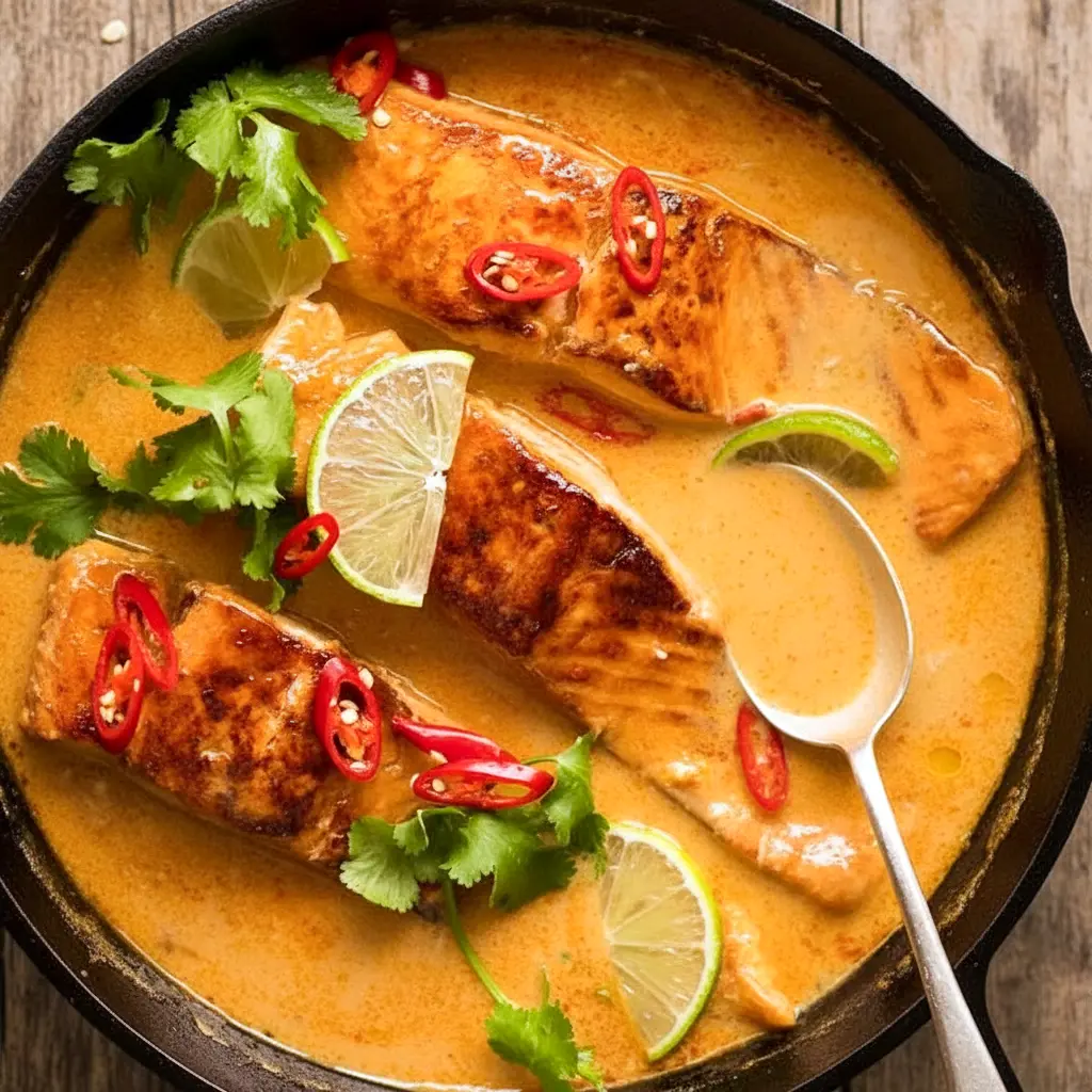 Close-up of Poached Salmon in Coconut Lime Sauce simmered in rich Salmon Coconut Milk with fresh lime, herbs, and chili, served over rice for a light and flavorful dinner.
