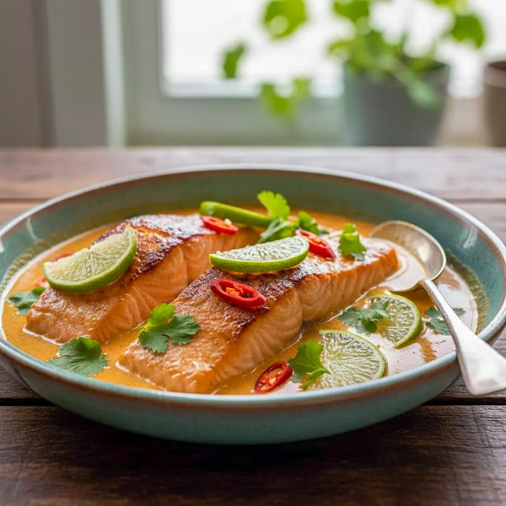Close-up of Poached Salmon in Coconut Lime Sauce simmered in rich Salmon Coconut Milk with fresh lime, herbs, and chili, served over rice for a light and flavorful dinner.