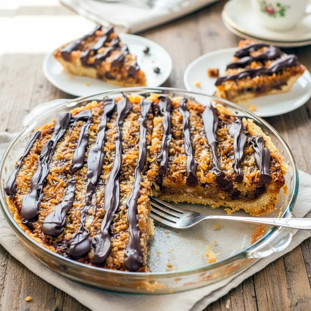 Slice of Samoas Cookie Pie topped with toasted coconut, caramel drizzle, and melted chocolate, inspired by Samoas Cookies Recipe and classic Girl Scout Cookie Recipes, served as a rich and gooey Samoa Pie dessert.