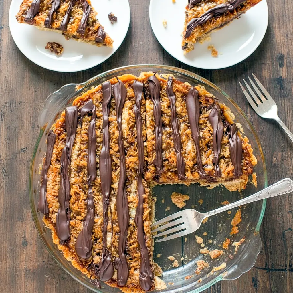 Slice of Samoas Cookie Pie topped with toasted coconut, caramel drizzle, and melted chocolate, inspired by Samoas Cookies Recipe and classic Girl Scout Cookie Recipes, served as a rich and gooey Samoa Pie dessert.