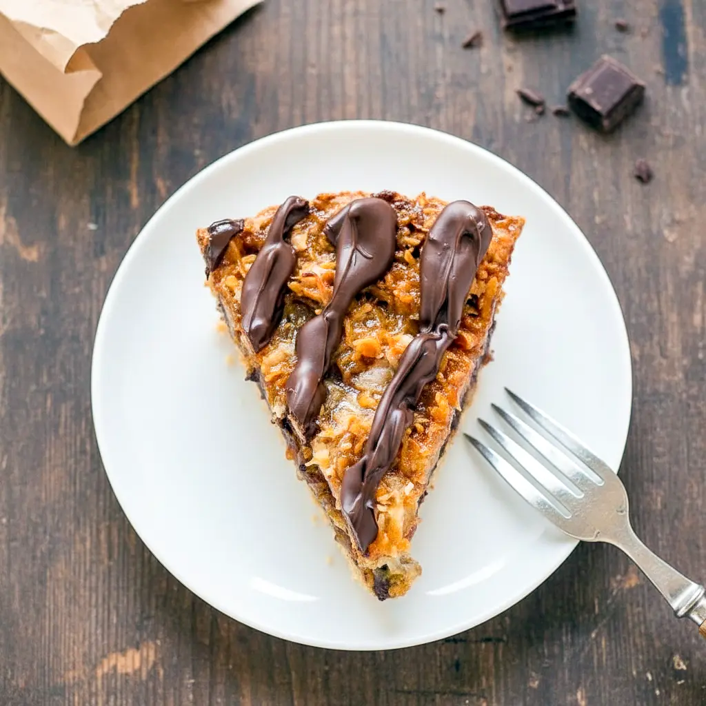 Slice of Samoas Cookie Pie topped with toasted coconut, caramel drizzle, and melted chocolate, inspired by Samoas Cookies Recipe and classic Girl Scout Cookie Recipes, served as a rich and gooey Samoa Pie dessert.