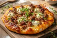 Freshly baked Sausage Ricotta Honey Hot Pizza topped with creamy cheese, sausage, and herbs—perfect for Rustic Pizza Recipes lovers.