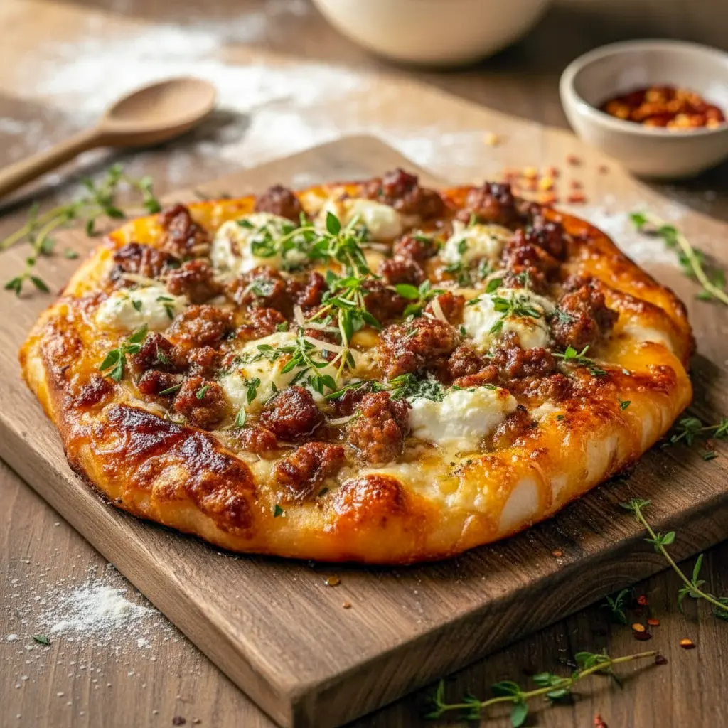 Freshly baked Sausage Ricotta Honey Hot Pizza topped with creamy cheese, sausage, and herbs—perfect for Rustic Pizza Recipes lovers.