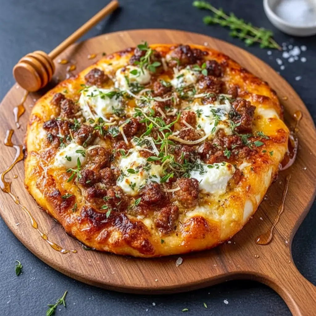Freshly baked Sausage Ricotta Honey Hot Pizza topped with creamy cheese, sausage, and herbs—perfect for Rustic Pizza Recipes lovers.