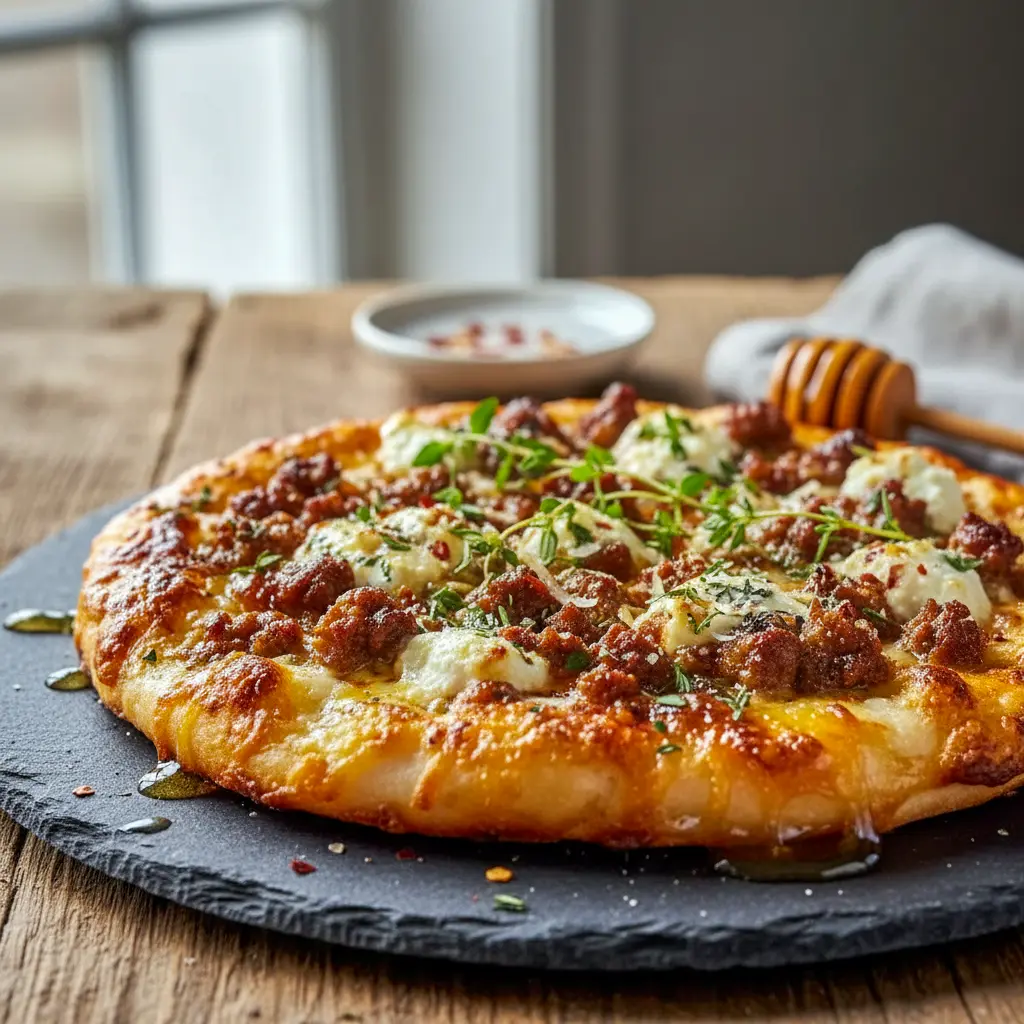 Freshly baked Sausage Ricotta Honey Hot Pizza topped with creamy cheese, sausage, and herbs—perfect for Rustic Pizza Recipes lovers.