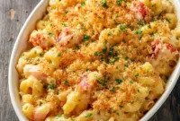 Golden baked Seafood Mac and Cheese topped with shrimp and crab, rich and bubbly Creamy Seafood Mac And Cheese perfect for lovers of Crab And Shrimp Mac And Cheese and classic Mac And Cheese With Seafood.