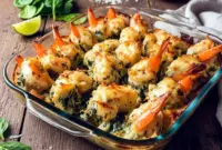 Golden baked Spinach and Artichoke Stuffed Shrimp topped with creamy filling, inspired by a rich Shrimp Rockefeller Recipe and perfect for elegant seafood dinners.