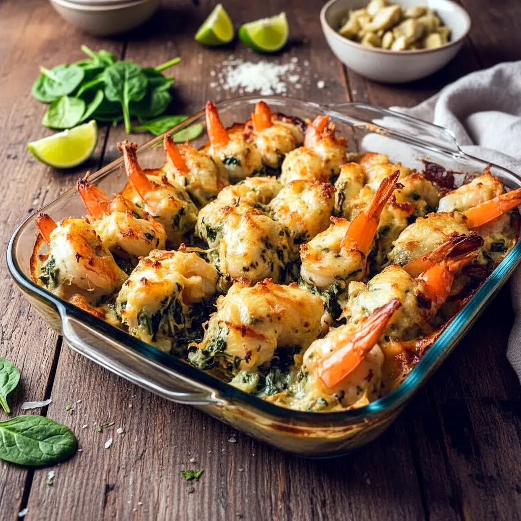 Golden baked Spinach and Artichoke Stuffed Shrimp topped with creamy filling, inspired by a rich Shrimp Rockefeller Recipe and perfect for elegant seafood dinners.
