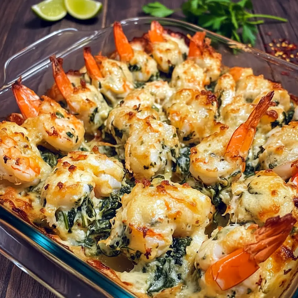 Golden baked Spinach and Artichoke Stuffed Shrimp topped with creamy filling, inspired by a rich Shrimp Rockefeller Recipe and perfect for elegant seafood dinners.