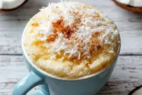 Vanilla Coconut Cottage Cheese Mug Cake served warm in a white mug, topped with toasted coconut, showcasing a soft and fluffy Coconut Cottage Cheese Mug Cake perfect as a Sweet Cottage Cheese Snack.
