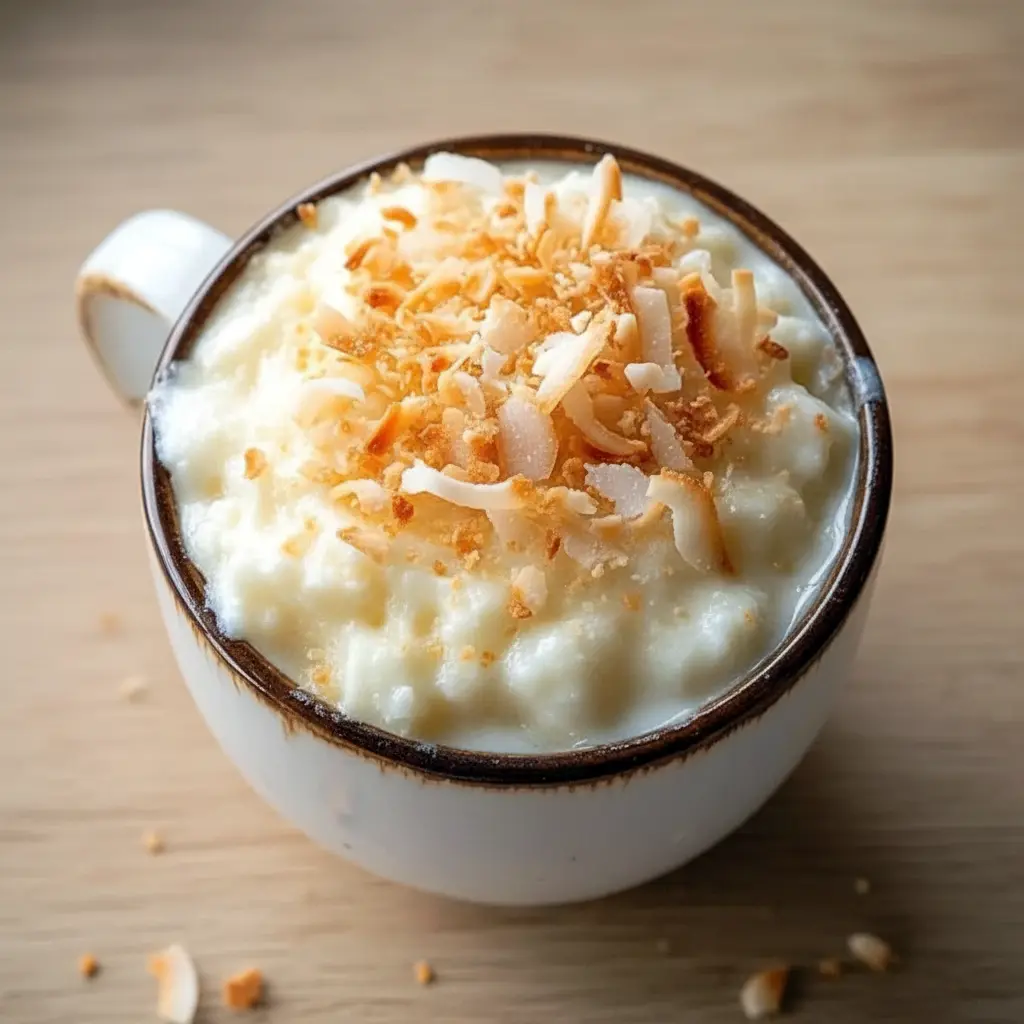 Vanilla Coconut Cottage Cheese Mug Cake served warm in a white mug, topped with toasted coconut, showcasing a soft and fluffy Coconut Cottage Cheese Mug Cake perfect as a Sweet Cottage Cheese Snack.