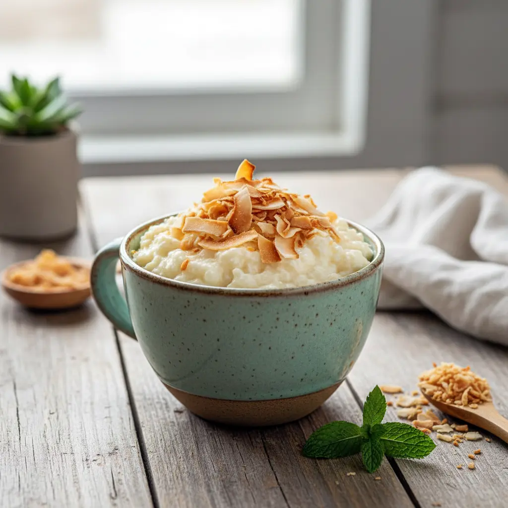 Vanilla Coconut Cottage Cheese Mug Cake served warm in a white mug, topped with toasted coconut, showcasing a soft and fluffy Coconut Cottage Cheese Mug Cake perfect as a Sweet Cottage Cheese Snack.