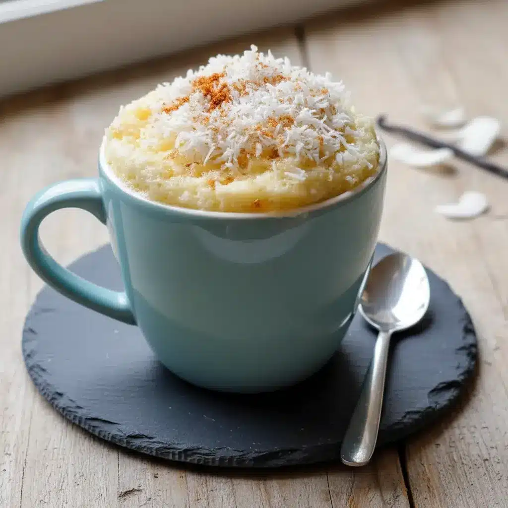 Vanilla Coconut Cottage Cheese Mug Cake served warm in a white mug, topped with toasted coconut, showcasing a soft and fluffy Coconut Cottage Cheese Mug Cake perfect as a Sweet Cottage Cheese Snack.