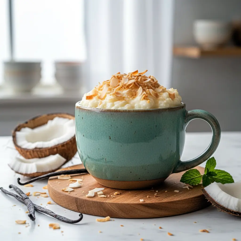 Vanilla Coconut Cottage Cheese Mug Cake served warm in a white mug, topped with toasted coconut, showcasing a soft and fluffy Coconut Cottage Cheese Mug Cake perfect as a Sweet Cottage Cheese Snack.