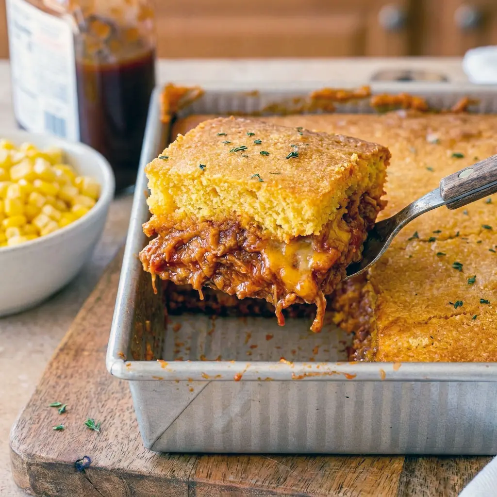 Cheesy BBQ Chicken Cornbread Casserole baked until golden brown, perfect for Easy Homemade Comfort Food and cozy Simple Kids Dinner nights.