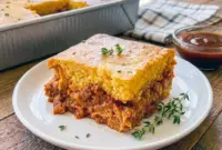 Cheesy BBQ Chicken Cornbread Casserole baked until golden brown, perfect for Easy Homemade Comfort Food and cozy Simple Kids Dinner nights.