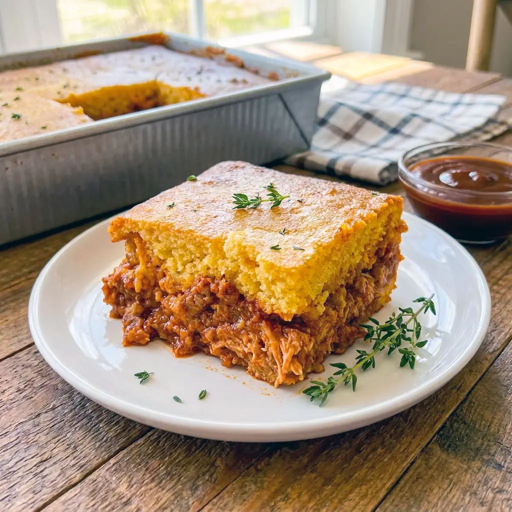 Cheesy BBQ Chicken Cornbread Casserole baked until golden brown, perfect for Easy Homemade Comfort Food and cozy Simple Kids Dinner nights.