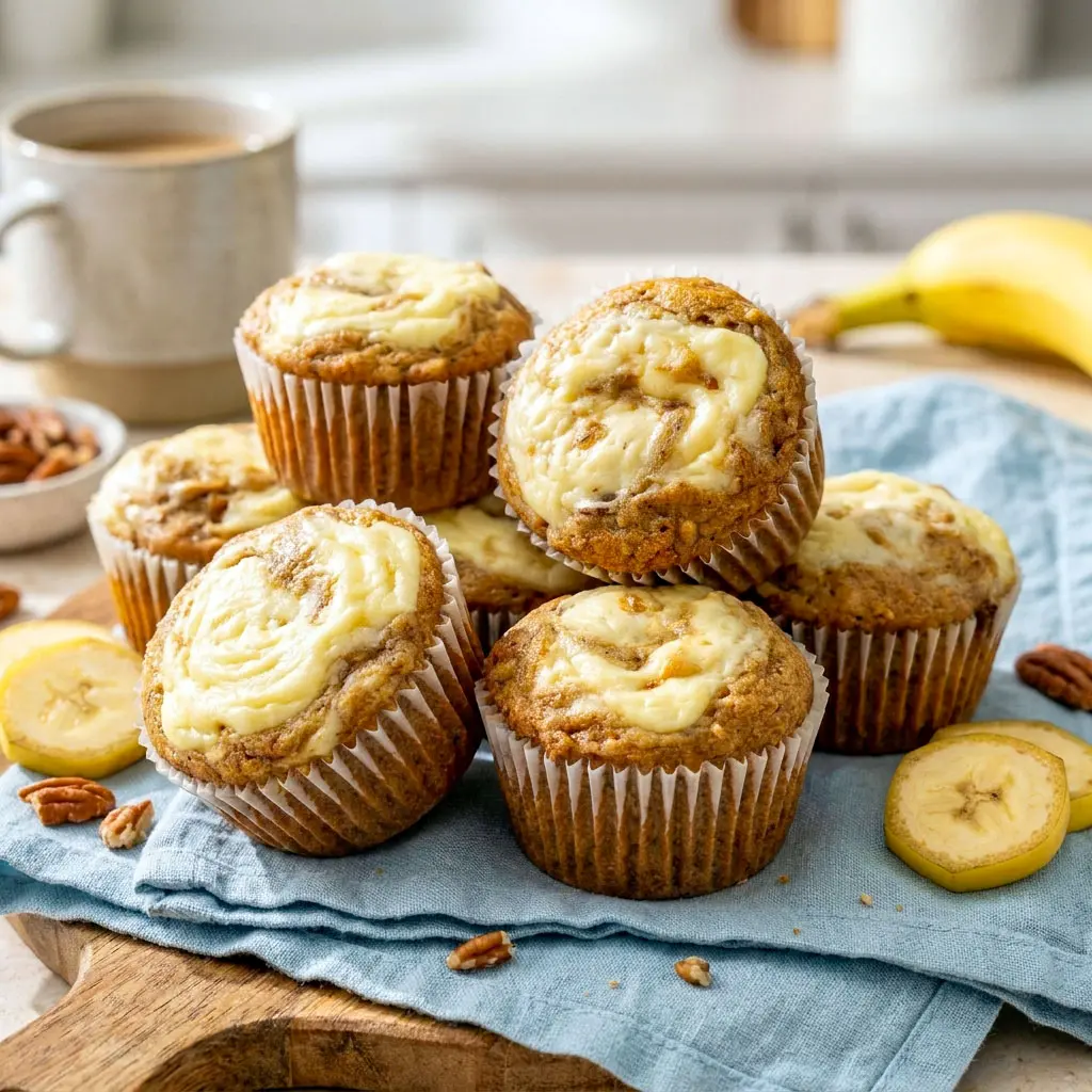 Freshly baked Banana Cream Cheese Muffins with creamy swirls and soft texture, inspired by Banana Bread Muffins With Cream Cheese and delicious Banana Cheesecake Muffins.