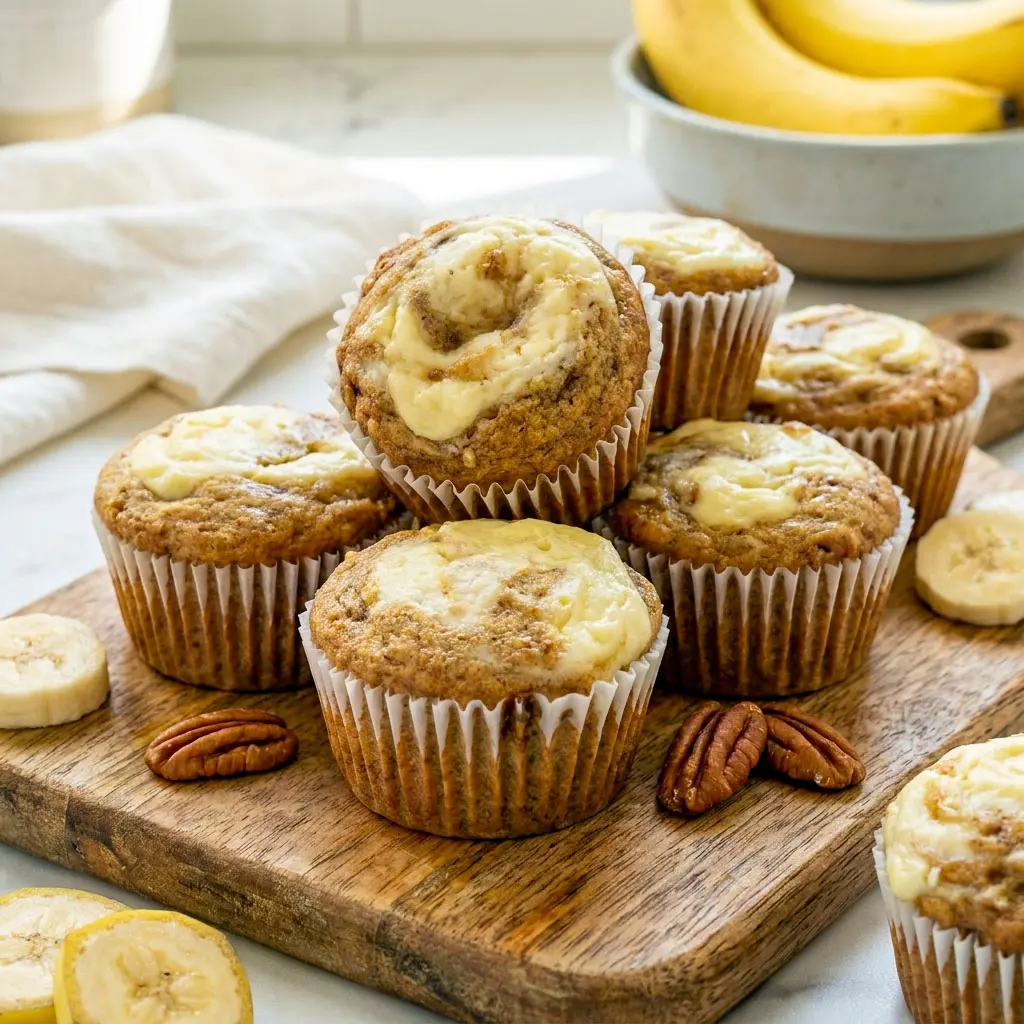 Freshly baked Banana Cream Cheese Muffins with creamy swirls and soft texture, inspired by Banana Bread Muffins With Cream Cheese and delicious Banana Cheesecake Muffins.