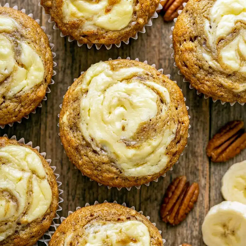 Freshly baked Banana Cream Cheese Muffins with creamy swirls and soft texture, inspired by Banana Bread Muffins With Cream Cheese and delicious Banana Cheesecake Muffins.