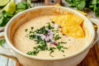 Best Cottage Cheese Queso Dip for Parties, Snacks, and Taco Nights1 Creamy Cottage Cheese Queso topped with jalapeños and cilantro, served as a flavorful Southwest Queso and healthy Cottage Cheese Cheese Dip for taco night.