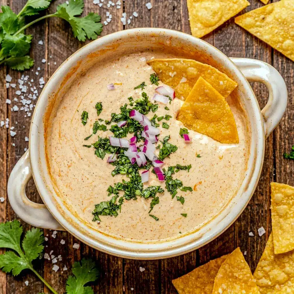 Creamy Cottage Cheese Queso topped with jalapeños and cilantro, served as a flavorful Southwest Queso and healthy Cottage Cheese Cheese Dip for taco night.