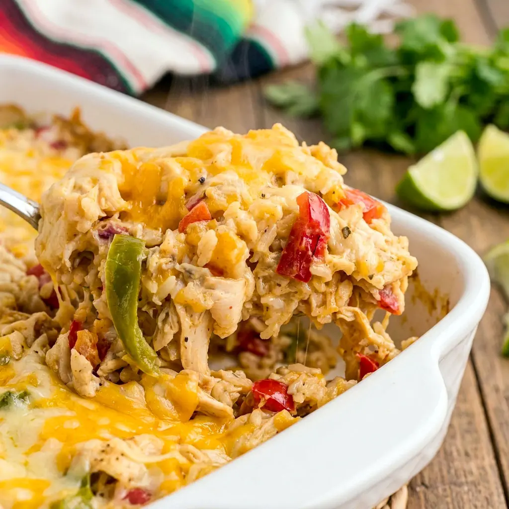 Cheesy baked Chicken Fajita Casserole filled with shredded chicken, rice, peppers, onions, and melted cheese in a cozy Tex-Mex dish. Perfect for an easy Chicken Fajita Casserole With Cheese dinner or comforting Fajita Chicken Casserole Recipe.