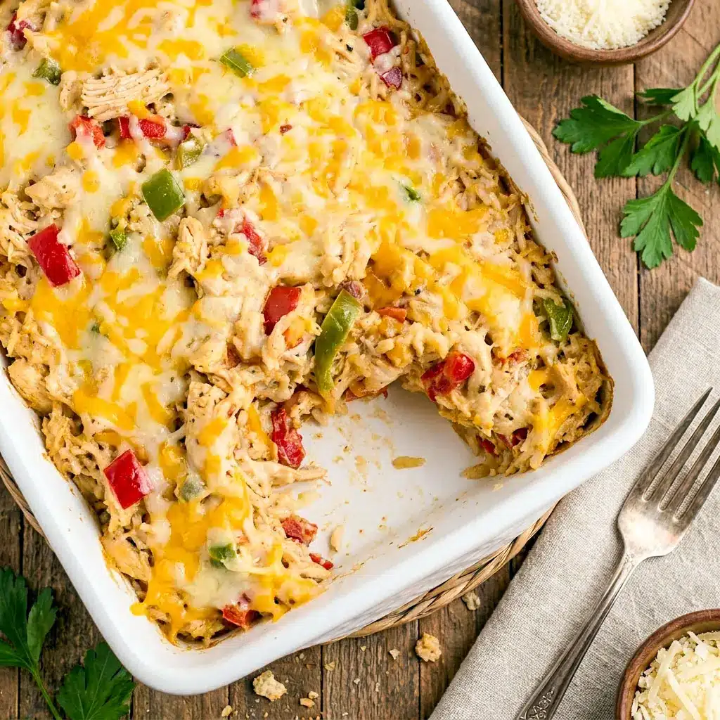 Cheesy baked Chicken Fajita Casserole filled with shredded chicken, rice, peppers, onions, and melted cheese in a cozy Tex-Mex dish. Perfect for an easy Chicken Fajita Casserole With Cheese dinner or comforting Fajita Chicken Casserole Recipe.