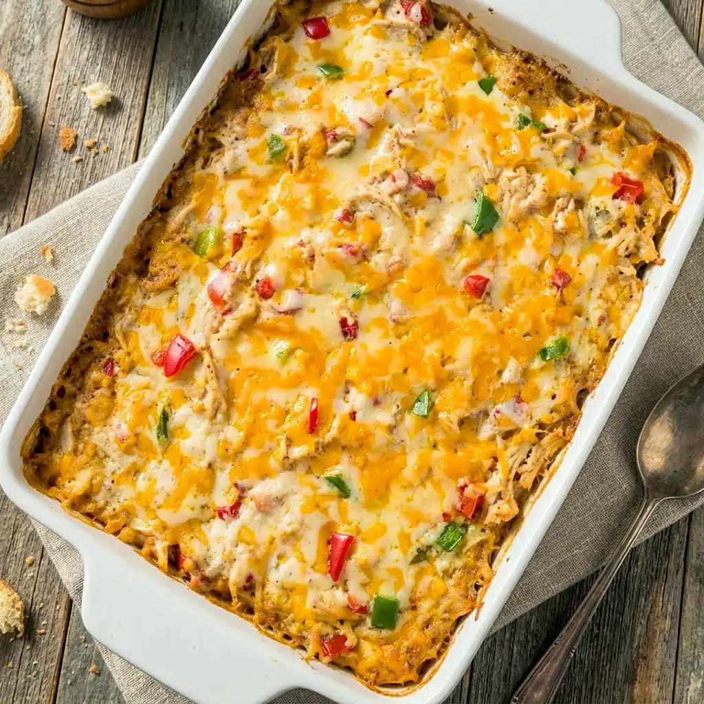 Cheesy baked Chicken Fajita Casserole filled with shredded chicken, rice, peppers, onions, and melted cheese in a cozy Tex-Mex dish. Perfect for an easy Chicken Fajita Casserole With Cheese dinner or comforting Fajita Chicken Casserole Recipe.