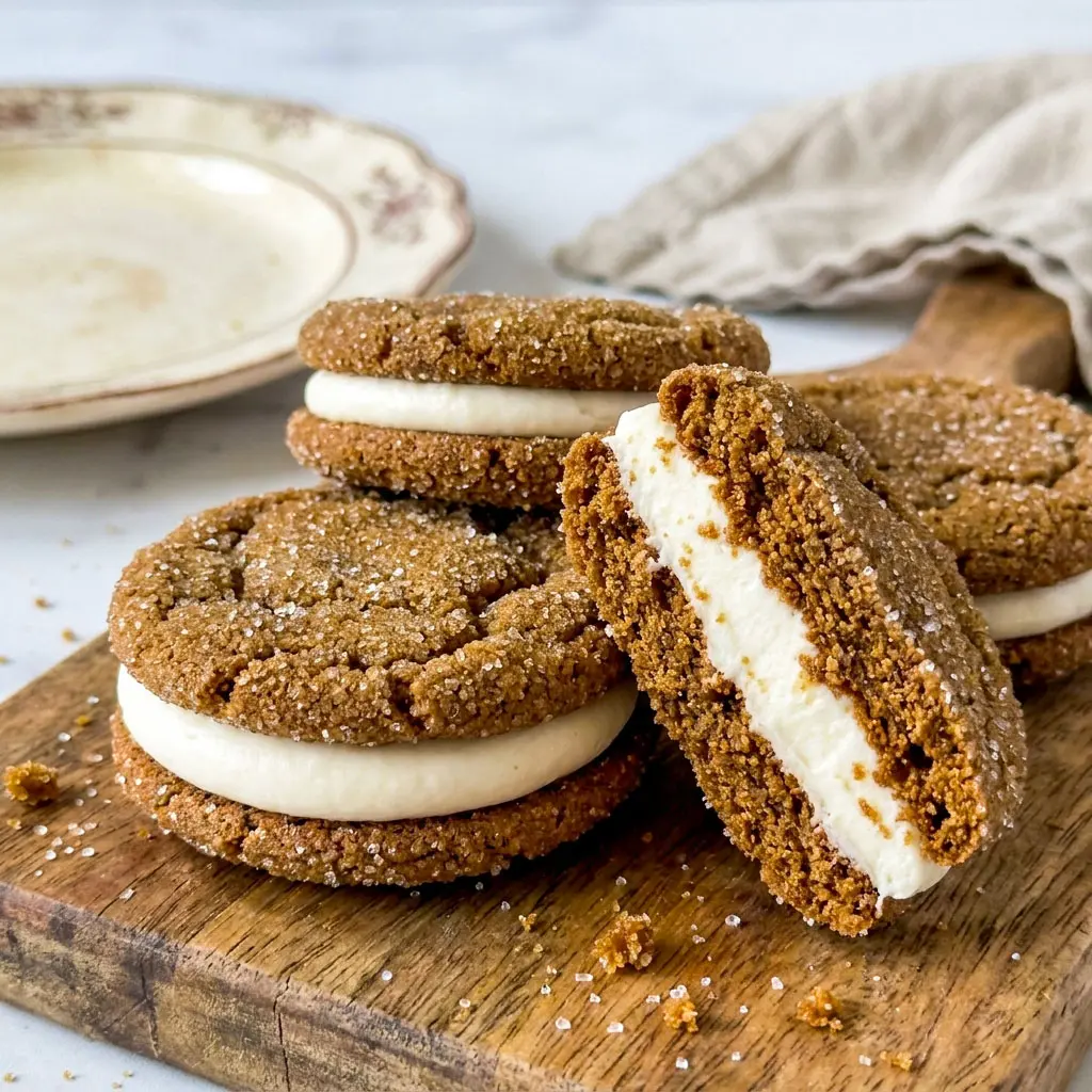 Soft and bakery-style Molasses Cream Pie Cookies stacked with creamy filling on a dessert tray, inspired by cozy holiday baking and fun Diy Food Ideas for sweet homemade Protien Treats.