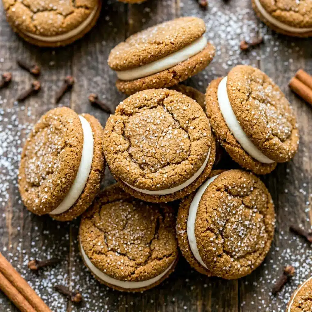 Soft and bakery-style Molasses Cream Pie Cookies stacked with creamy filling on a dessert tray, inspired by cozy holiday baking and fun Diy Food Ideas for sweet homemade Protien Treats.