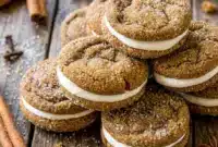 Soft and bakery-style Molasses Cream Pie Cookies stacked with creamy filling on a dessert tray, inspired by cozy holiday baking and fun Diy Food Ideas for sweet homemade Protien Treats.