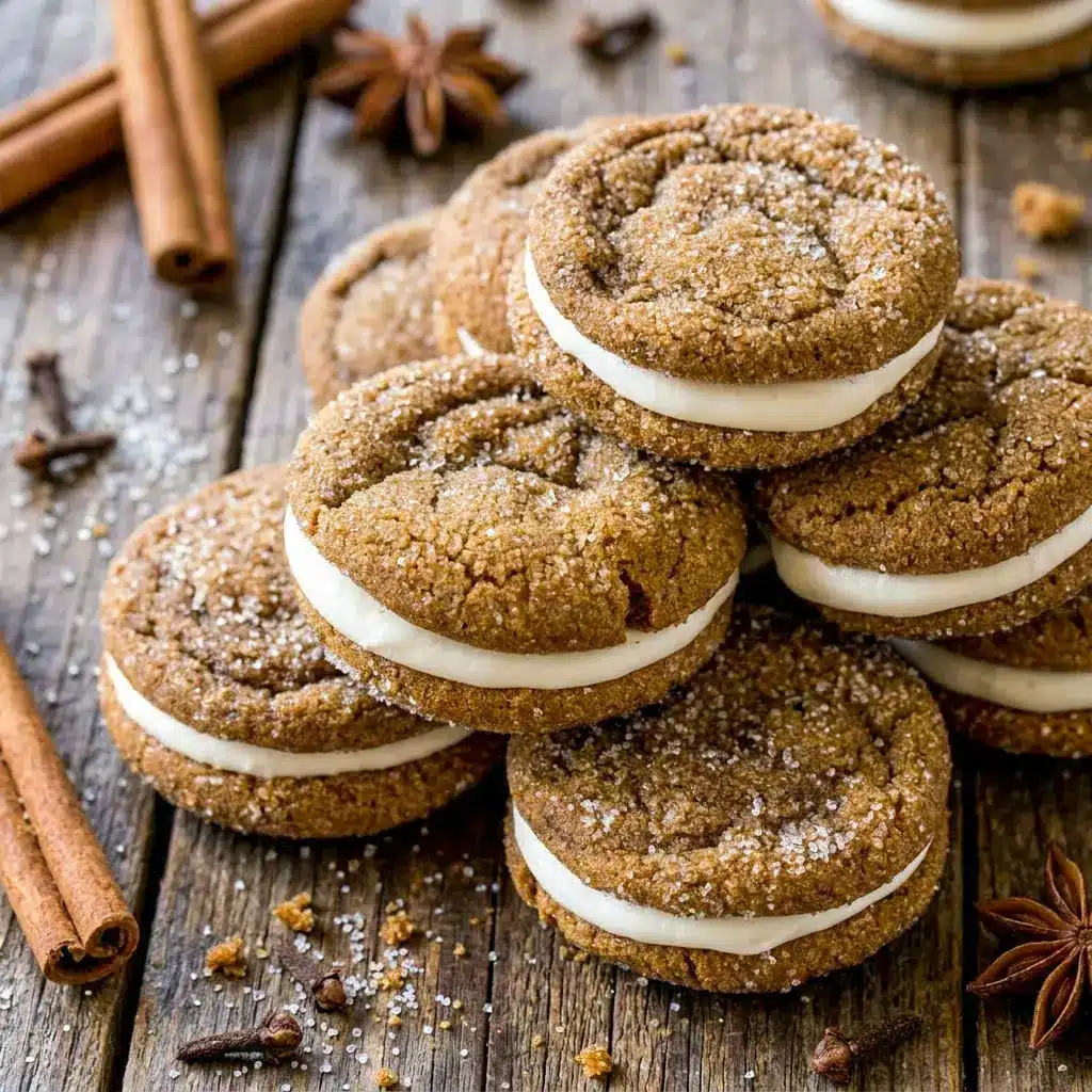 Soft and bakery-style Molasses Cream Pie Cookies stacked with creamy filling on a dessert tray, inspired by cozy holiday baking and fun Diy Food Ideas for sweet homemade Protien Treats.
