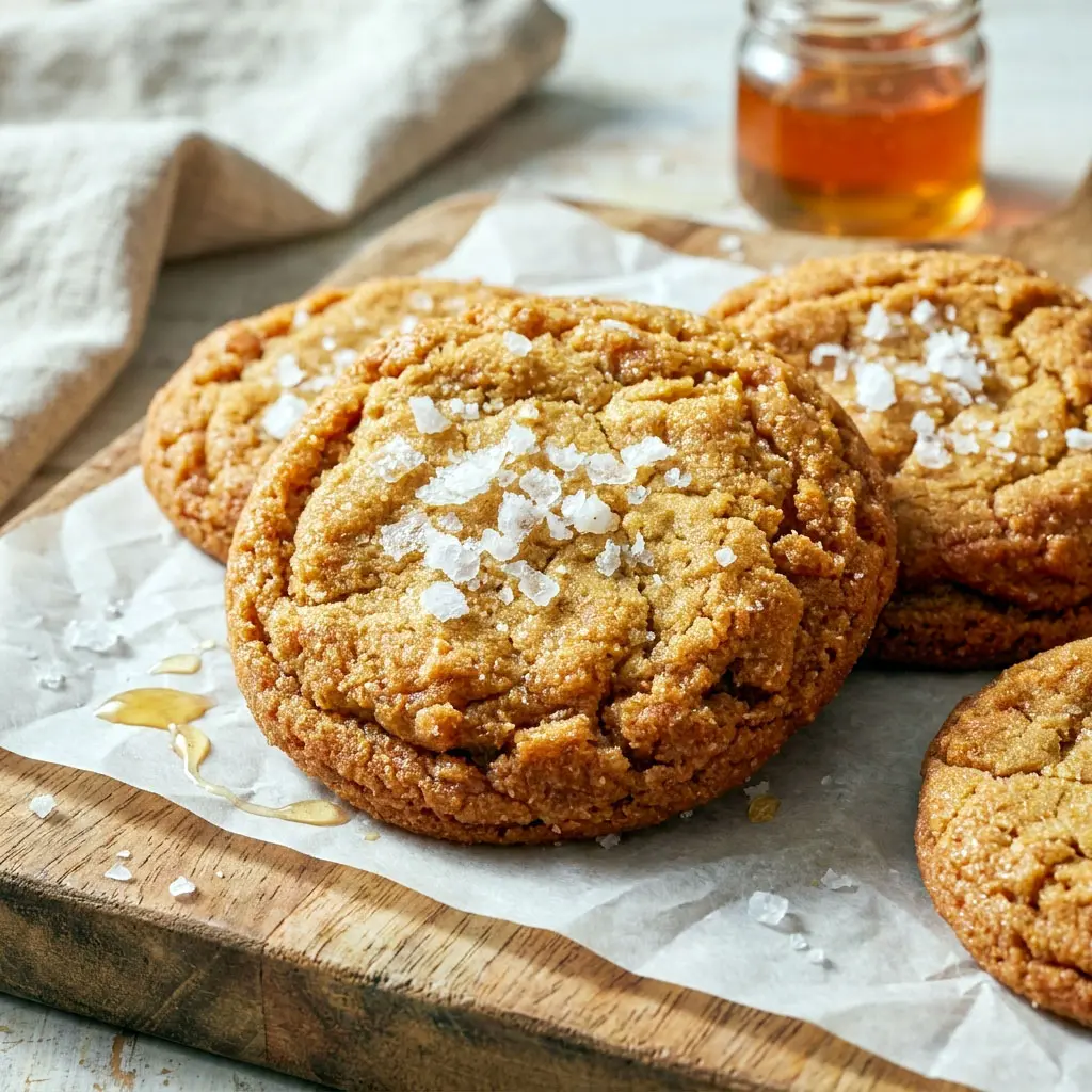Freshly baked Salted Honey Cookies with flaky sea salt, glossy cracked tops, and chewy centers styled as Soft Gooey Cookies and cozy Honey Baked Goods on parchment paper.