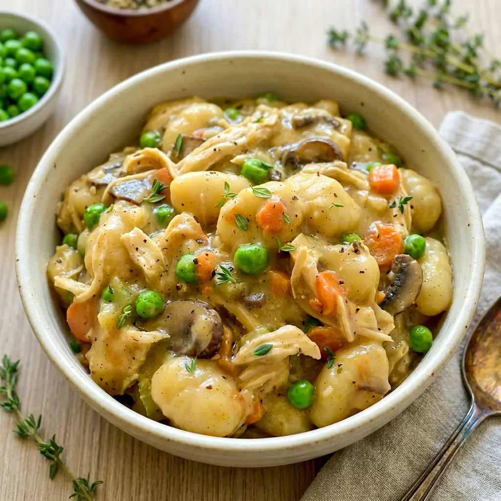 Creamy One Pot Gnocchi Chicken Pot Pie served in a cozy skillet with tender chicken, vegetables, and soft gnocchi, perfect for Fan Favorite Dinners and comforting Cozy Meal Ideas.
