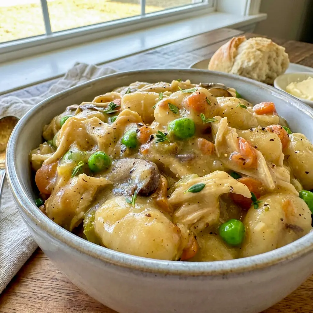 Creamy One Pot Gnocchi Chicken Pot Pie served in a cozy skillet with tender chicken, vegetables, and soft gnocchi, perfect for Fan Favorite Dinners and comforting Cozy Meal Ideas.