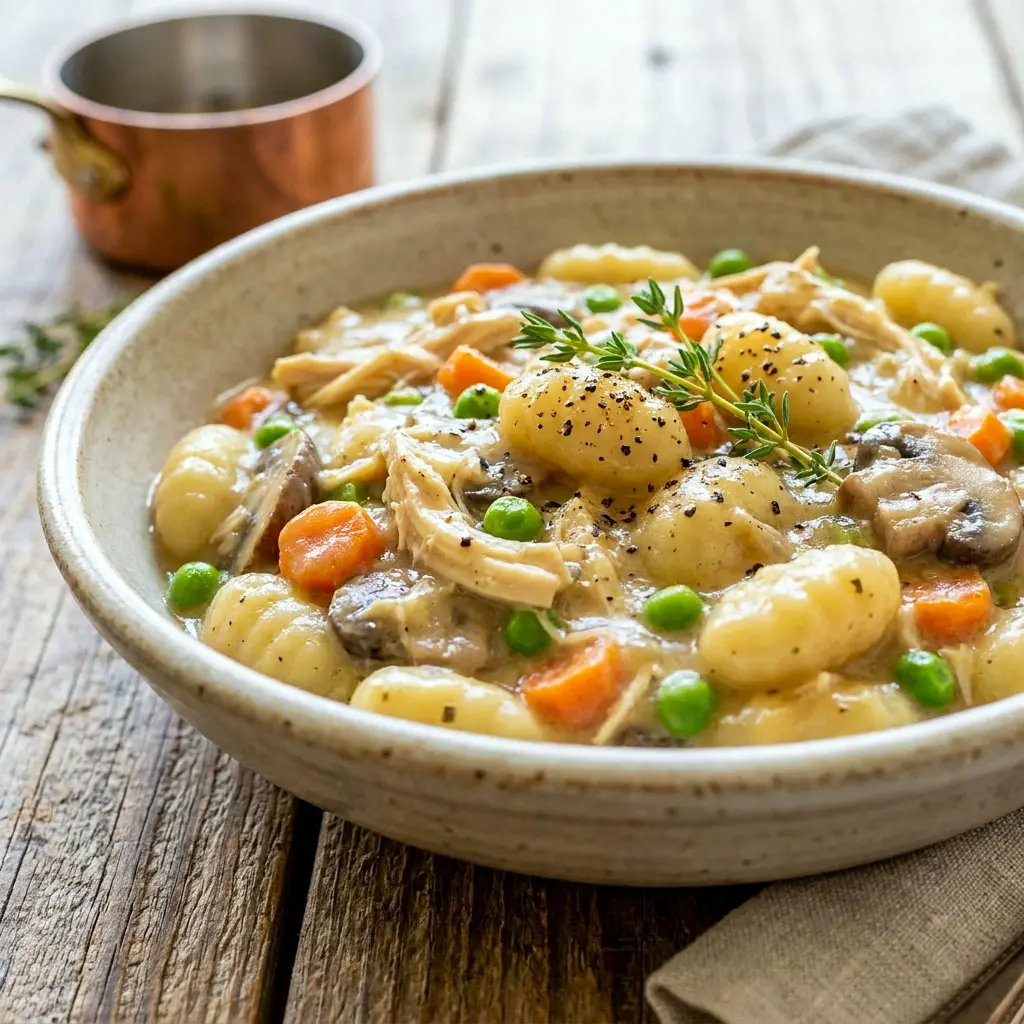 Creamy One Pot Gnocchi Chicken Pot Pie served in a cozy skillet with tender chicken, vegetables, and soft gnocchi, perfect for Fan Favorite Dinners and comforting Cozy Meal Ideas.