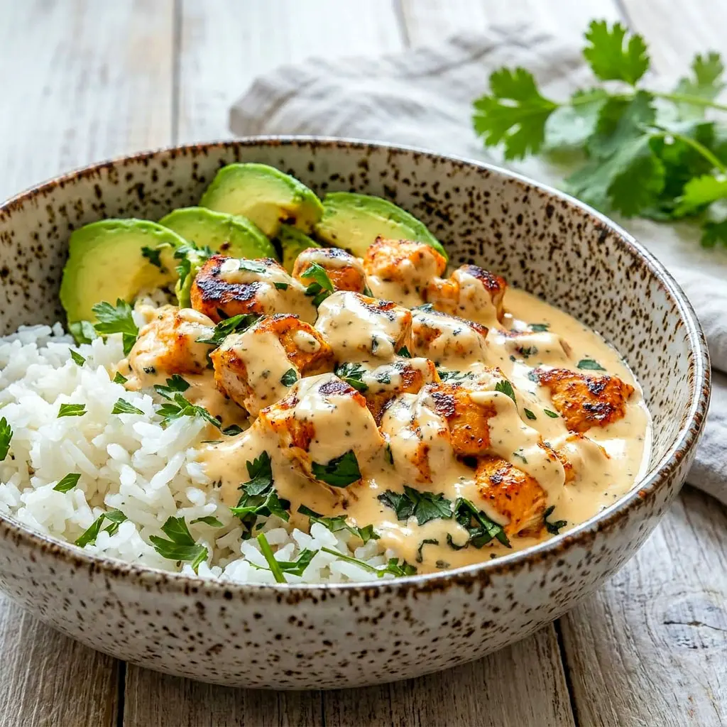 Creamy Coconut Chicken Rice Bowl served with tender chicken, fluffy rice, fresh herbs, and rich coconut sauce for an easy tropical dinner. Perfect for quick Easy Healthy Dinner With Rice and cozy Dinner Ideas Healthy Bowls.