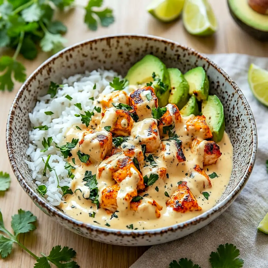 Creamy Coconut Chicken Rice Bowl served with tender chicken, fluffy rice, fresh herbs, and rich coconut sauce for an easy tropical dinner. Perfect for quick Easy Healthy Dinner With Rice and cozy Dinner Ideas Healthy Bowls.